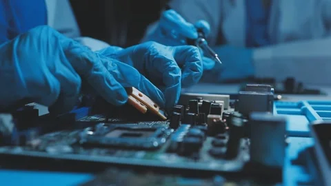 A close-up view of a technician wearing black gloves holding a computer pro.. Stock Footage 335105432