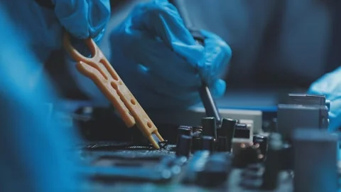 A close-up view of a technician wearing black gloves holding a computer pro.. Stock Footage 335105450