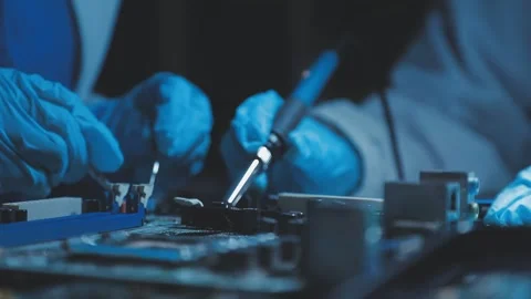 A close-up view of a technician wearing black gloves holding a computer pro.. Stock Footage 335105476