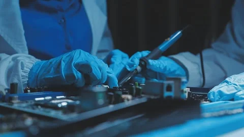 A close-up view of a technician wearing black gloves holding a computer pro.. Stock Footage 335105499
