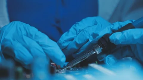 A close-up view of a technician wearing black gloves holding a computer pro.. Stock Footage 335105504