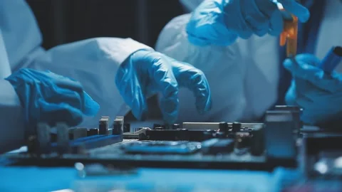 A close-up view of a technician wearing black gloves holding a computer pro.. Stock Footage 335105538