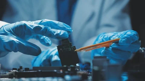 A close-up view of a technician wearing black gloves holding a computer pro.. Stock Footage 335105562