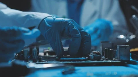 A close-up view of a technician wearing black gloves holding a computer pro.. Stock Footage 335105583