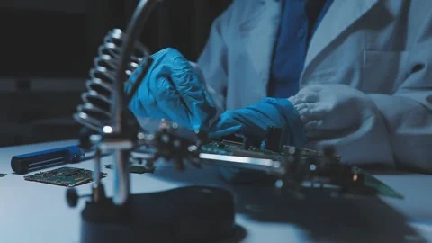 A close-up view of a technician wearing black gloves holding a computer pro.. Stock Footage 335105613
