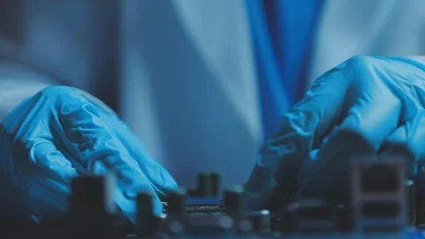 A close-up view of a technician wearing black gloves holding a computer pro.. Stock Footage 335105635