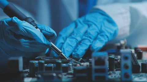 A close-up view of a technician wearing black gloves holding a computer pro.. Stock Footage 335105642