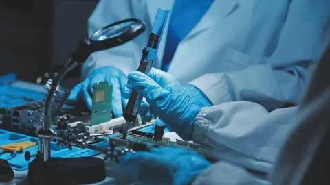 A close-up view of a technician wearing black gloves holding a computer pro.. Stock Footage 335105643