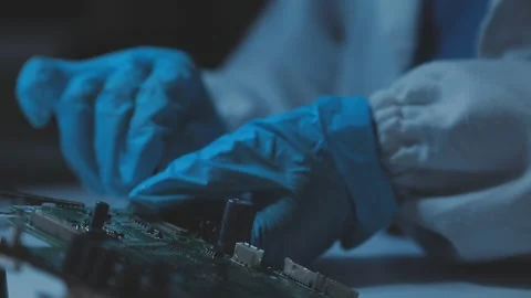 A close-up view of a technician wearing black gloves holding a computer pro.. Stock Footage 335105645
