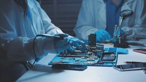 A close-up view of a technician wearing black gloves holding a computer pro.. Stock Footage 335105651