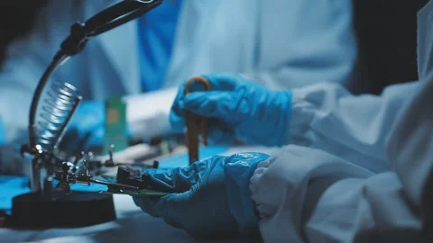 A close-up view of a technician wearing black gloves holding a computer pro.. Stock Footage 335105653