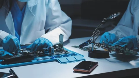 A close-up view of a technician wearing black gloves holding a computer pro.. Stock Footage 335105655