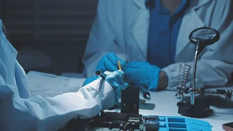 A close-up view of a technician wearing black gloves holding a computer pro.. Stock Footage 335105667