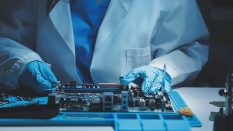 A close-up view of a technician wearing black gloves holding a computer pro.. Stock Footage 335105695