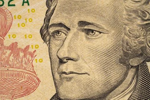 Close view of a ten-dollar bill featuring Alexander Hamilton's portrait Stock Illustration