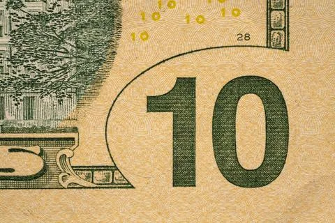 Close view of a ten dollar bill showing details and design elements Foto stock