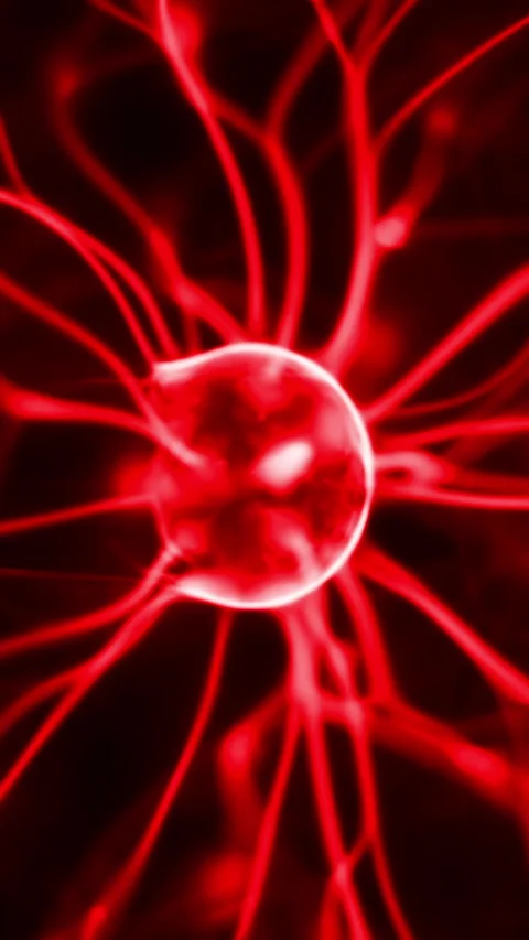 Close up view of tesla plasma ball with many energy red rays inside. Stock Footage 270939730