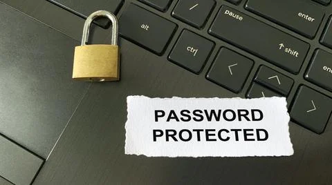 Close up view of text on torn paper- Password protected. With blurred locker and Foto stock