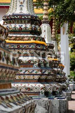 Close up view of three pagodas from the Emerald Buddha temple in Bangkok Stock Photos