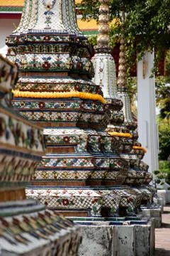 Close up view of three pagodas from the Emerald Buddha temple in Bangkok Stock Photos