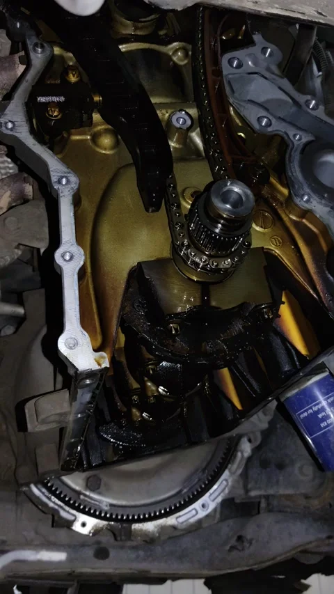Close-Up View of Timing Chain and Gear Assembly in Car Engine During Auto Repair Stock Footage 346411310