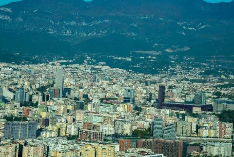 Close-up view of Tirana's evolving skyline, showcasing dense Stock Photos