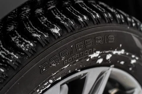 Close up view of tire with tire width, height and wheel diameter designation. Stock Photos