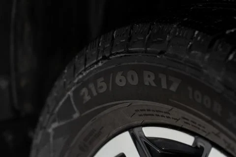 Close up view of tire with tire width, height and wheel diameter designation. Stock Photos