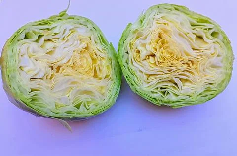 Close up view from top angle of a Green Cabbage on a white background Foto stock