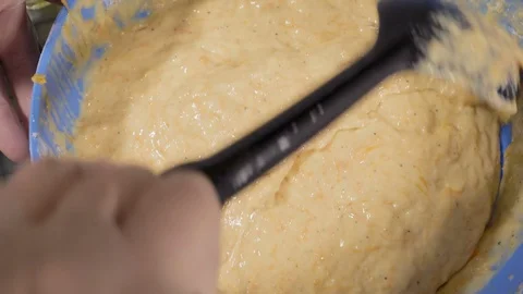 Close-Up View of the top Chef Kneads the Dough for pancakes Stock Footage 99515362
