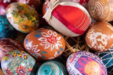 Close-up view from the top of the Easter eggs painted in various patterns. Stock Photos