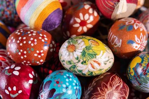 Close-up view from the top of the Easter eggs painted in various patterns. Stock Photos