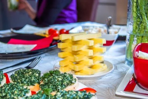 Close up view of tower made from cheese blocks Stock-Fotos