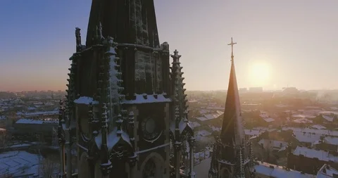 Close-up view of tower of old church in center of city. Neo-Gothic style. Church 스톡 동영상 105248115