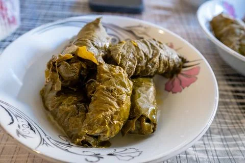 A close up view of traditional stuffed grape leaves served on a decorative .. Stock Photos