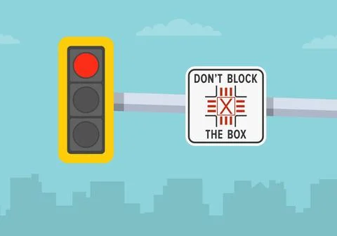 Close-up view of a traffic light with red signal and "don't block the box" sign Stock Illustration