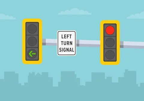 Close-up view of a traffic two lights and "left turn signal" road sign. Stock Illustration