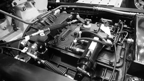 A close up view of trucks engine compartment Foto stock