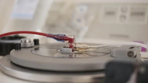 Close up view of tube through which blood is pumped on apparatus for collecting Stock Footage 158583256