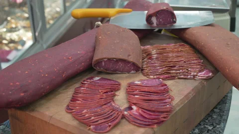 Close-up view of Turkish bacon. Stock-Footage 146637742