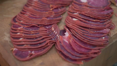 Close-up view of Turkish bacon. Stock Footage 146637815