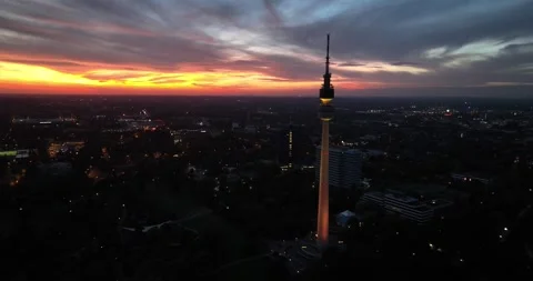 Close up view of the tv tower in Dortmund, Florian Tower Florianturm at night. Stock Footage 254858939
