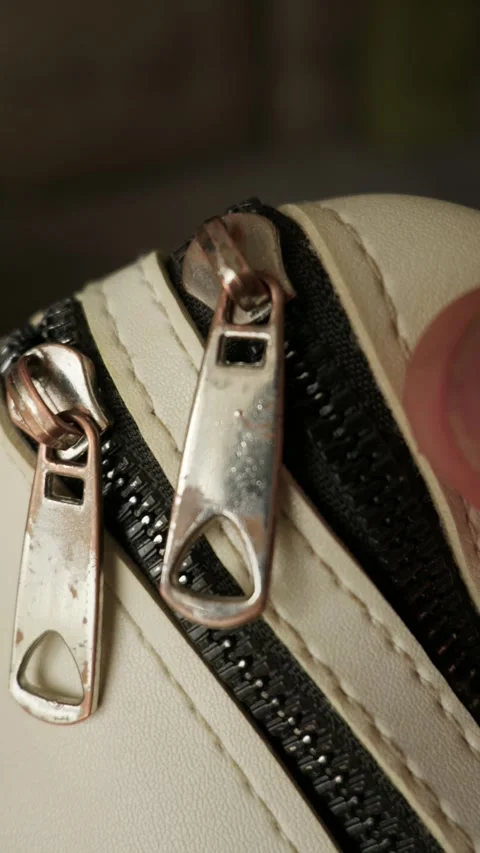 Close Up View of Two Metal Zipper Pulls on Cream Leather Fashion Bag Video stock 338096010