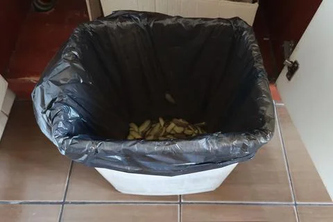 Close-up view of an uncovered refuse container with a dark plastic liner Fotos Stock