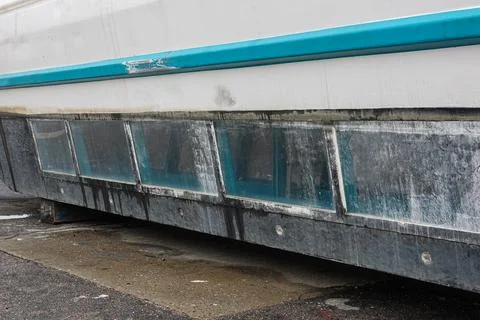 Close-up view of the underside of a underwater vision catamaran Stock Photos
