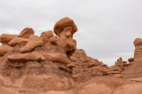 Close up view on unique eroded Hoodoo Rock Formations at Goblin Valley Stat.. Stock Photos
