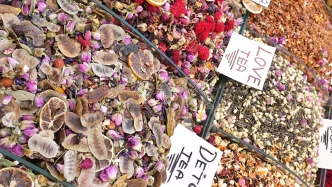 Close up view of various types of herbal tea in spice market in grand bazaar. Stock Footage 332107035