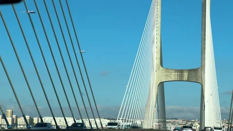 Close-up view of Vasco da Gama Bridge tower and cables Vídeos de archivo 329581616
