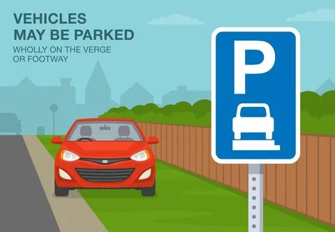 Close-up view of a "Vehicles may be parked wholly on the verge or footway" sign. Stock Illustration