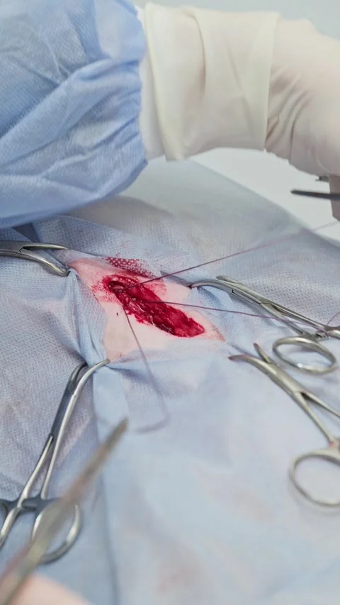 Close-up view of a veterinary surgeon's hands in gloves using a needle and Stock Footage 341704640